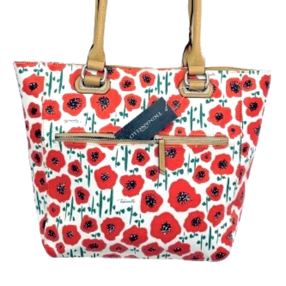 👜🌺‎ NWT TIGNANELLO Strawberry Poppy Tote | Red & Cream Floral Handbag | - Picture 5 of 13